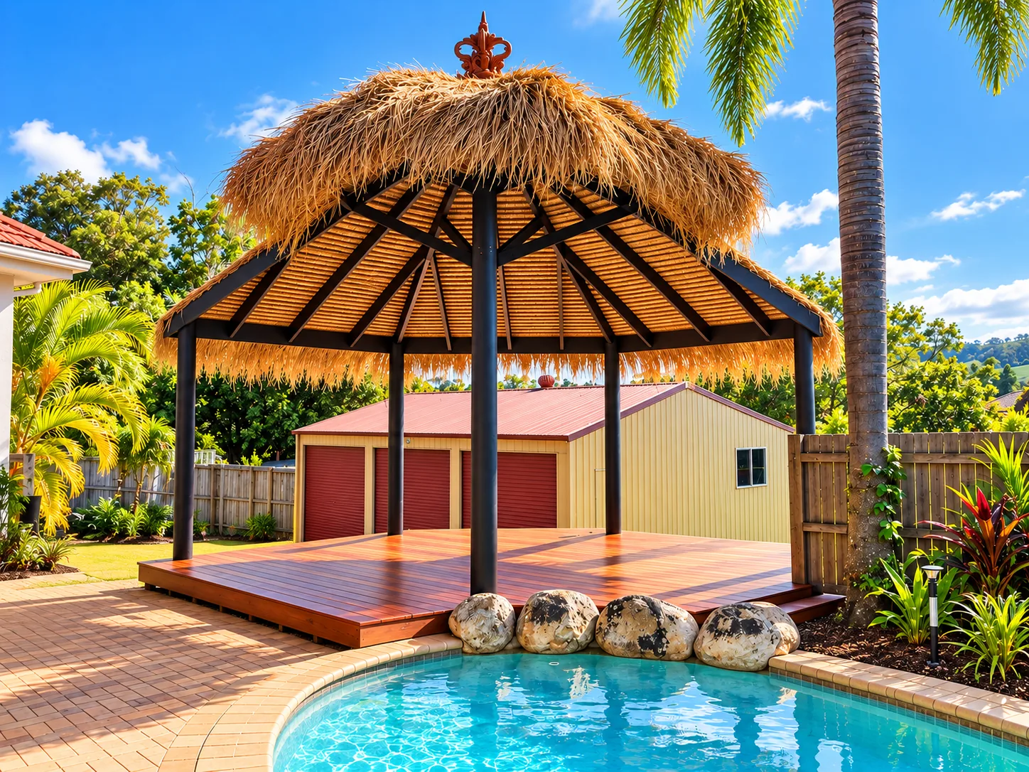 Open timber roof framing of a custom hut beside a pool
