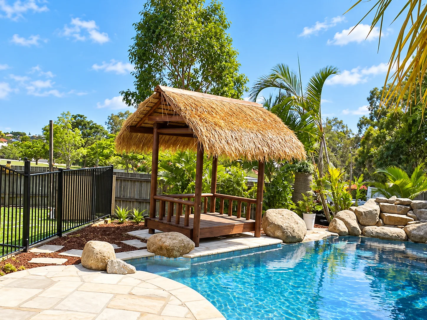 Thatched timber daybed beside a pool and rock garden