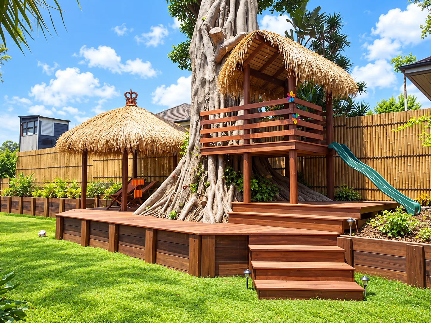 Timber garden deck and steps beside a raised thatched play structure