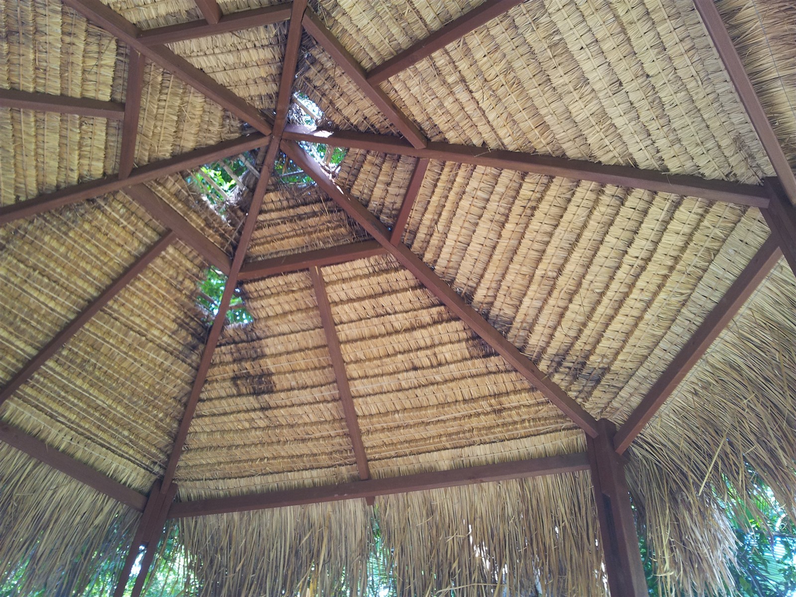 View from inside a Bali hut showing daylight through damaged roof hips where mudbugs need replacement
