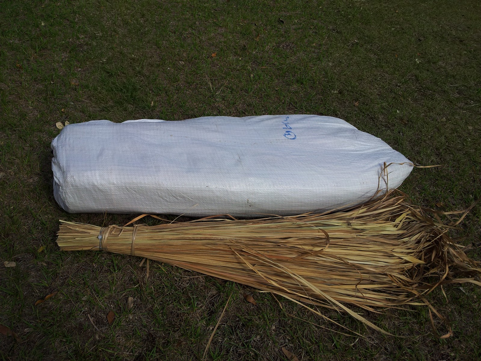 Wrapped and unwrapped bundles of Alang Alang thatch used as mudbugs