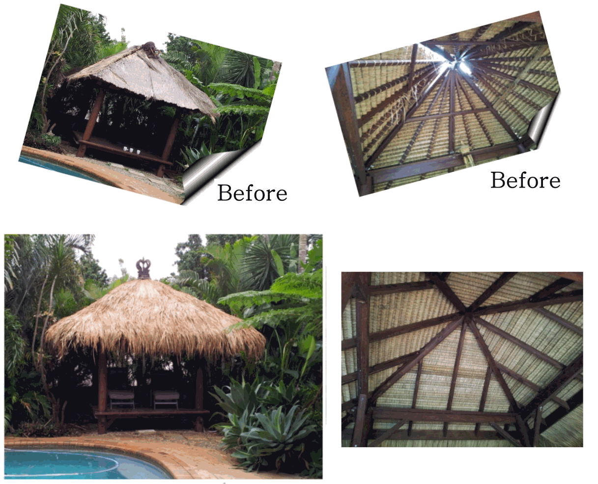 Before-and-after photographs showing an imported Bali hut roof and frame rebuilt and re-thatched