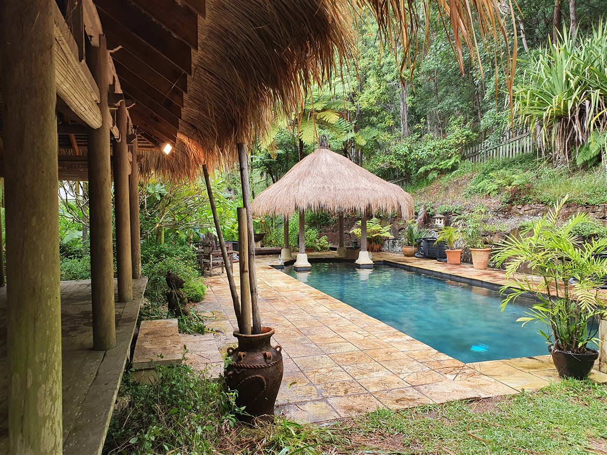 Rebuilt Balinese pavilion showing timber posts, roof framing and renewed thatch from underneath