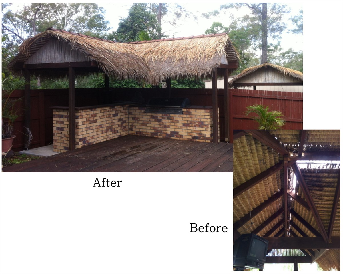 Before-and-after views of a repaired Bali gazebo roof and its underside