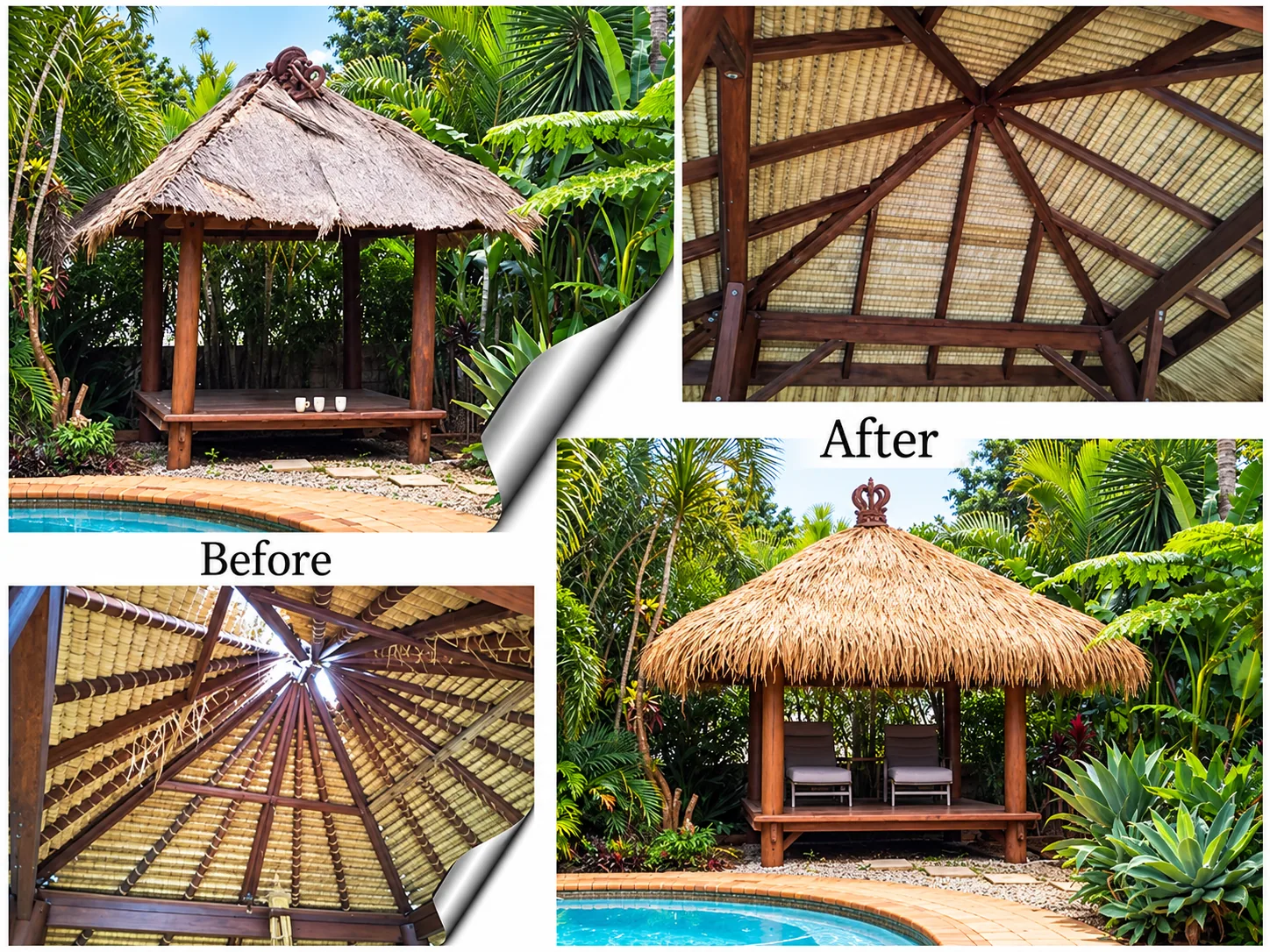 Before-and-after collage of a Bali hut roof and its underside