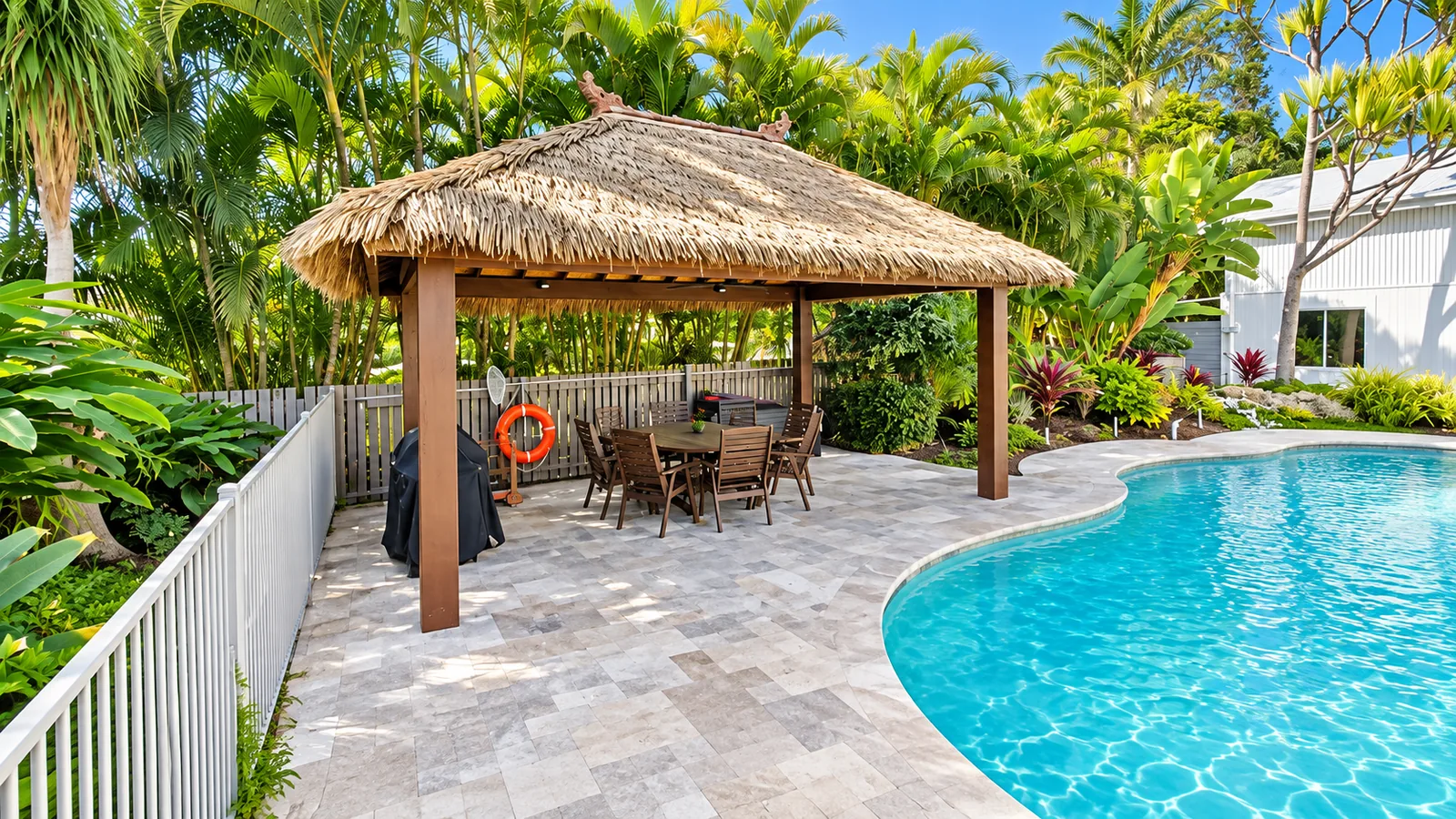Synthetic thatch pavilion with a dining setting beside a pool