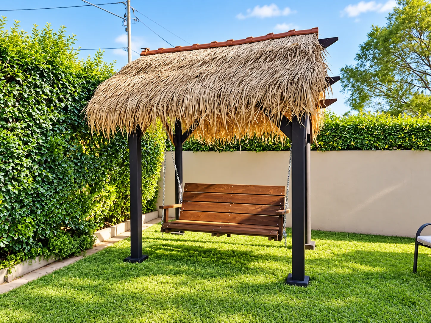 Timber swing seat under a thatched roof on a lawn