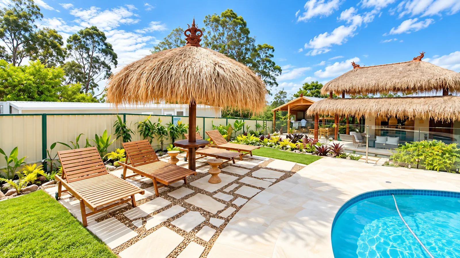 Thatched umbrella shading loungers beside a pool